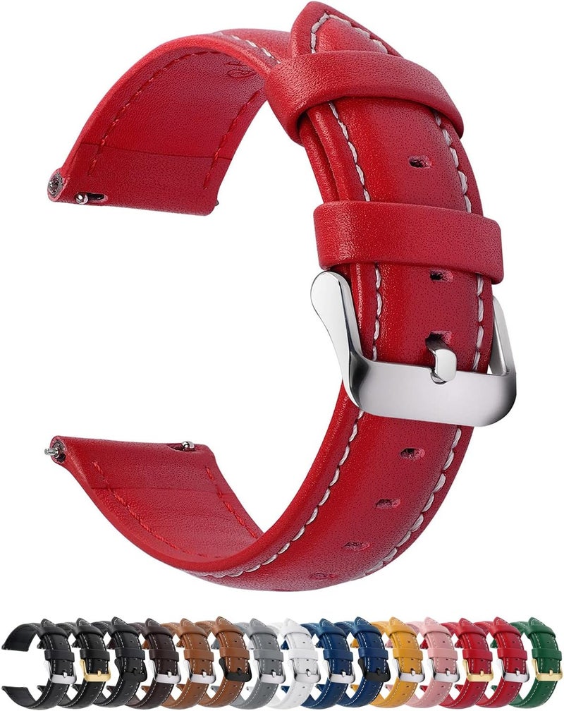 Fullmosa Watch Strap, Genuine Leather Watch Straps with Stainless Metal Clasp, Quick Release Replacement Bands, 14mm 16mm 18mm 19mm 20mm 22mm 24mm, Red - Image 1