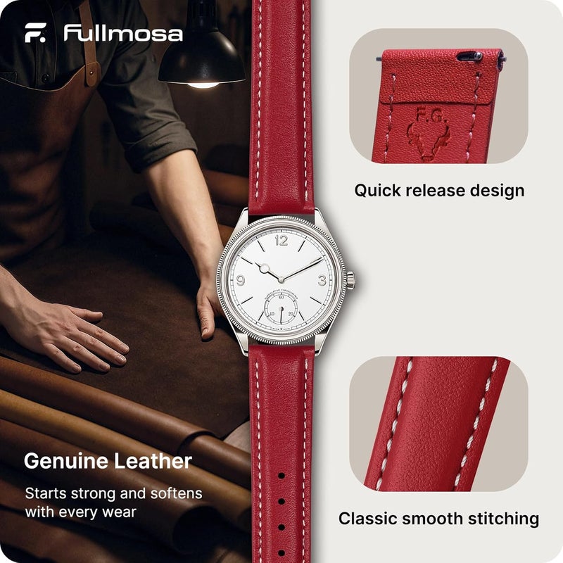 Fullmosa Watch Strap, Genuine Leather Watch Straps with Stainless Metal Clasp, Quick Release Replacement Bands, 14mm 16mm 18mm 19mm 20mm 22mm 24mm, Red - Image 4