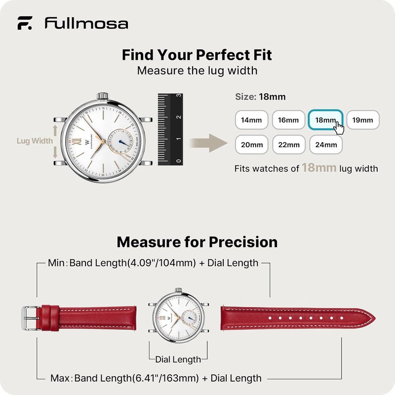 Fullmosa Watch Strap, Genuine Leather Watch Straps with Stainless Metal Clasp, Quick Release Replacement Bands, 14mm 16mm 18mm 19mm 20mm 22mm 24mm, Red - Image 5