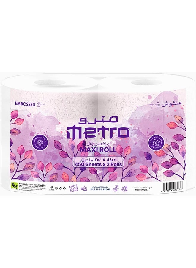 Metro Metro Sterilized Maxi Roll Twin Pack 450 Sheets, 2 Ply Embossed-Pack of Kitchen Rolls - Image 1
