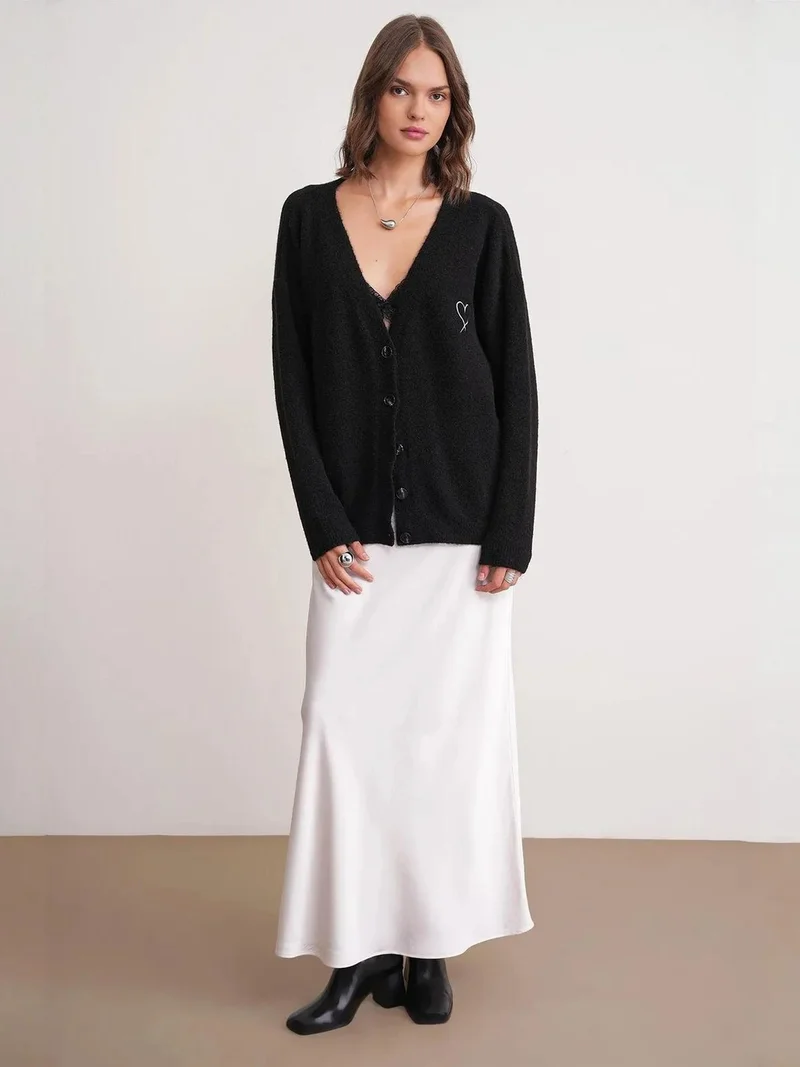 MixRay Black Mixray Oversized Knit Cardigan with Heart Detail for Women | Best Price UAE