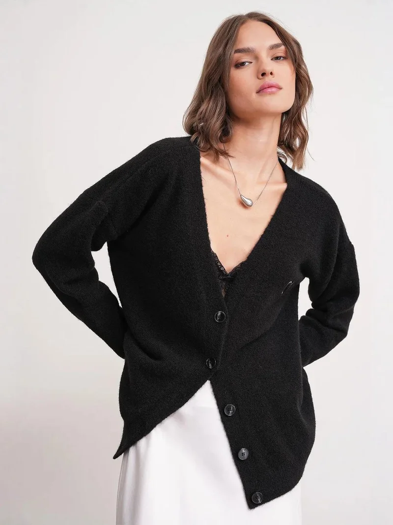 MixRay Black Mixray Oversized Knit Cardigan with Heart Detail for Women | Best Price UAE
