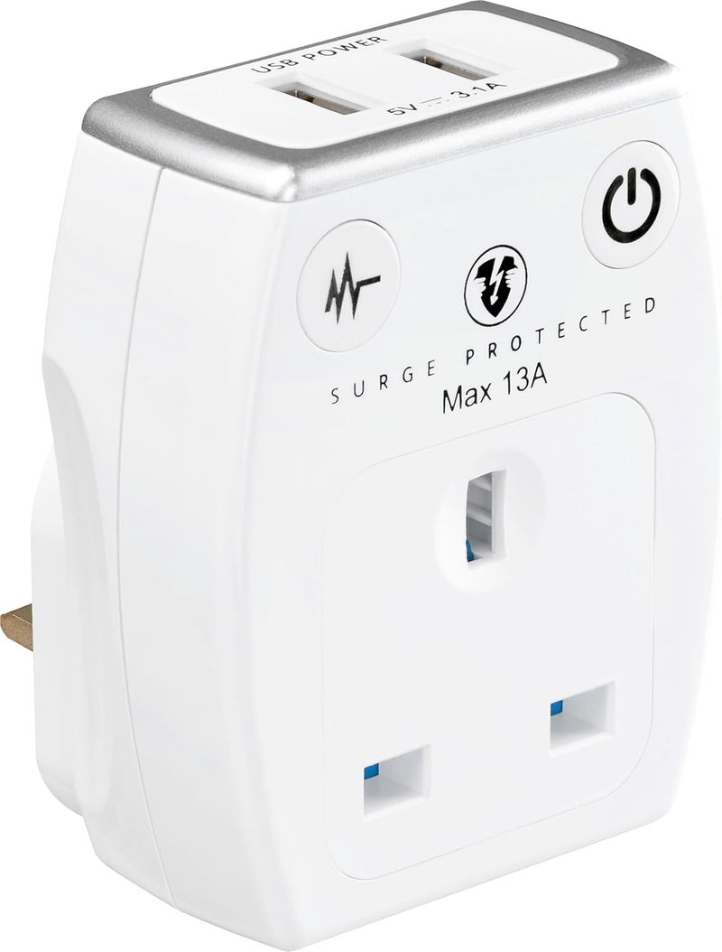 MASTERPLUG Single Socket Surge Protected Power Adaptor with Two USB Charging Points - Gloss White 3 Plugs Socket adapter,3 Pin Plug Expander for Home, Office, Kitchen - Image 1