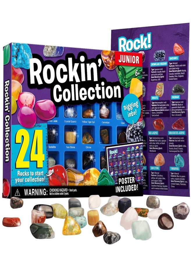 XXTOYS Rocks Collection 24 PCS Rock and Mineral Education Set Gemstones for Kids Geology Gem Kit with Tiger’s Eye Rose Quartz Red Jasper and More Identification Guide STEM Science Education - Image 1