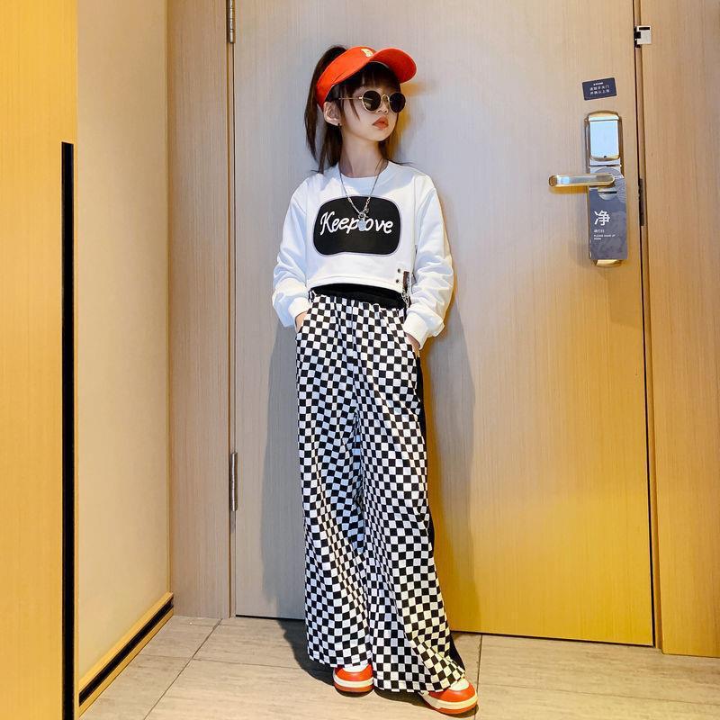 Girls Korean Casual Letter Top  Chic Plaid Pants Set White suit