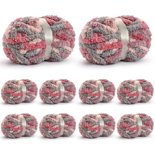 Waikxin 10 Pack Jumbo Chunky Yarn for Hand Knitting, Fluffy Chunky Chenille Yarn for Crocheting, Variegated Chunky Knit Baby Blanket Yarn, 240 yds /70.5 oz Super Bulky Yarn（Grey-Pink-Purple） - Image 1