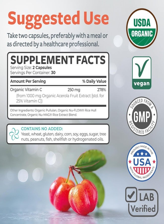 PURE CO Certified Organic Vitamin C Supplement - Whole Food Acerola Vitamin C Immune Support Supplement for Seasonal Wellness with Naturally Occurring Bioflavonoids Polyphenols & Cofactors (1 Month Supply) - Image 4