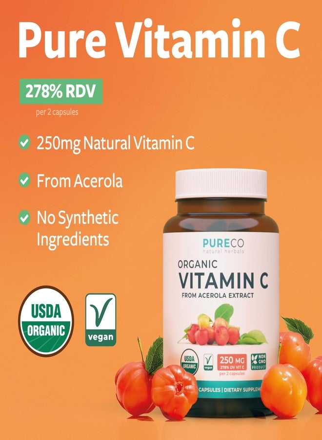 PURE CO Certified Organic Vitamin C Supplement - Whole Food Acerola Vitamin C Immune Support Supplement for Seasonal Wellness with Naturally Occurring Bioflavonoids Polyphenols & Cofactors (1 Month Supply) - Image 2