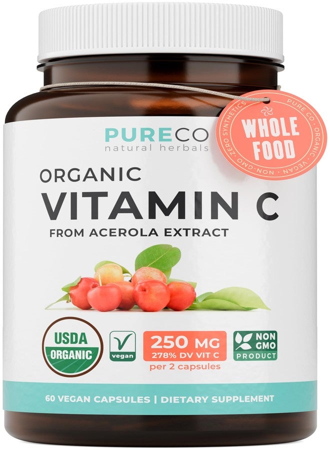 PURE CO Certified Organic Vitamin C Supplement - Whole Food Acerola Vitamin C Immune Support Supplement for Seasonal Wellness with Naturally Occurring Bioflavonoids Polyphenols & Cofactors (1 Month Supply) - Image 1