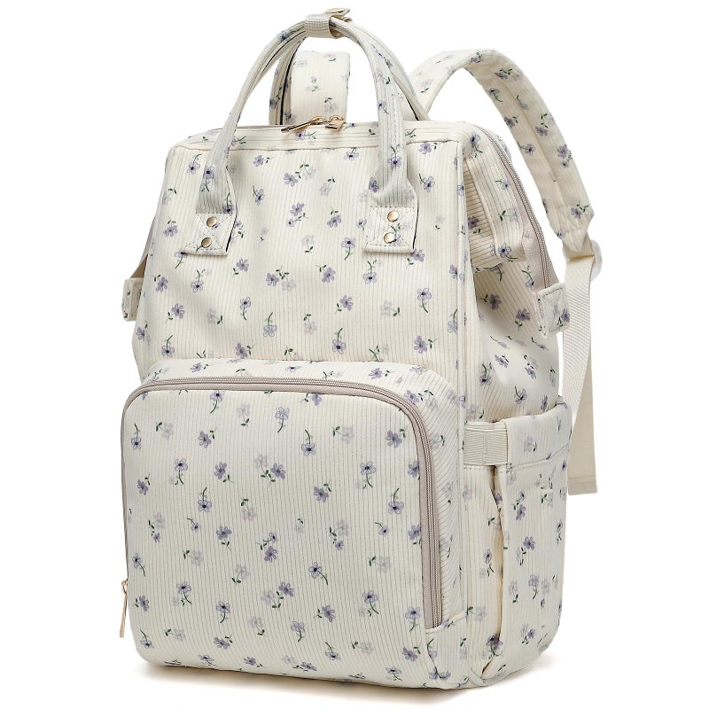 Dezcrab Baby Diaper Bag Backpack for Mom, Large Capacity Travel Nappy Bag for Boys & Girls with Stroller Straps (Corduroy Flowers Purple) - Image 1