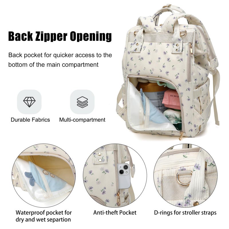 Dezcrab Baby Diaper Bag Backpack for Mom, Large Capacity Travel Nappy Bag for Boys & Girls with Stroller Straps (Corduroy Flowers Purple) - Image 4