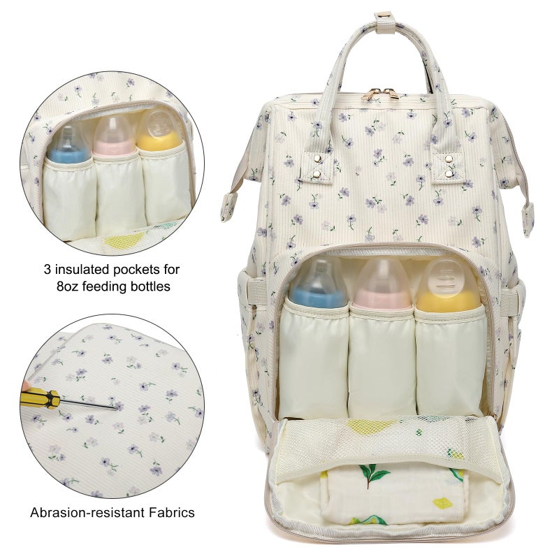 Dezcrab Baby Diaper Bag Backpack for Mom, Large Capacity Travel Nappy Bag for Boys & Girls with Stroller Straps (Corduroy Flowers Purple) - Image 3
