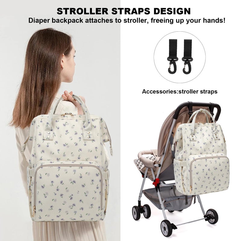 Dezcrab Baby Diaper Bag Backpack for Mom, Large Capacity Travel Nappy Bag for Boys & Girls with Stroller Straps (Corduroy Flowers Purple) - Image 2