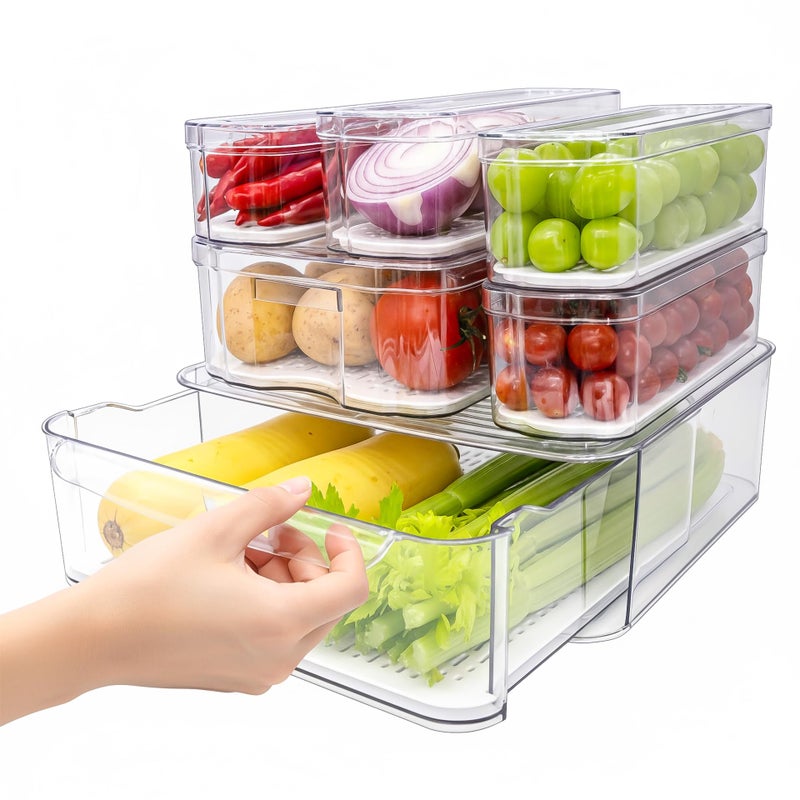 SMRCAD 6 Pack Refrigerator Organizers, Clear Pull-out Drawer Container and Organizer Bins with Lids, Stackable Storage Containers for Fruits, Vegetable (Set of 6 (Include Pull Out Drawer)) - Image 1