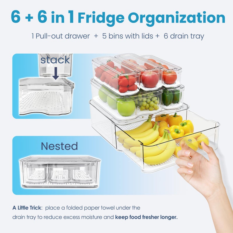 SMRCAD 6 Pack Refrigerator Organizers, Clear Pull-out Drawer Container and Organizer Bins with Lids, Stackable Storage Containers for Fruits, Vegetable (Set of 6 (Include Pull Out Drawer)) - Image 5