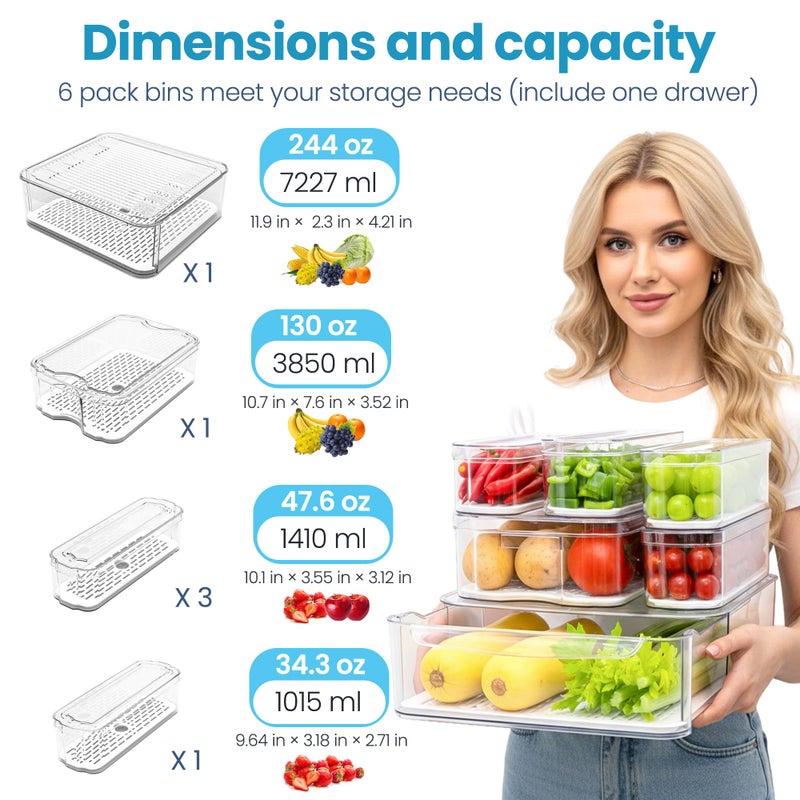SMRCAD 6 Pack Refrigerator Organizers, Clear Pull-out Drawer Container and Organizer Bins with Lids, Stackable Storage Containers for Fruits, Vegetable (Set of 6 (Include Pull Out Drawer)) - Image 3