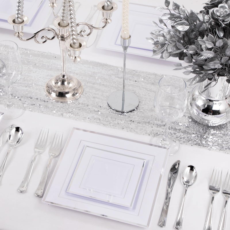 Liacere 100PCS White and Silver Square Plastic Plates - 50PCS Heavy Duty 9.5inch White Dinner Plates and 50PCS 6inch White Dessert Plates-Silver Disposable Plates for Party&Wedding&New Year - Image 4
