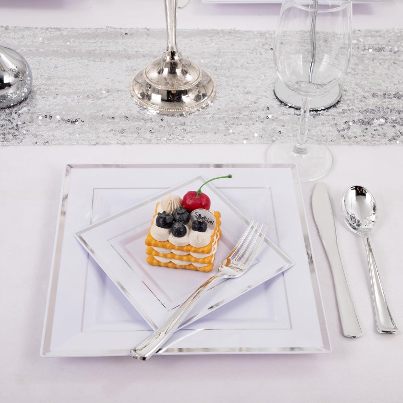Liacere 100PCS White and Silver Square Plastic Plates - 50PCS Heavy Duty 9.5inch White Dinner Plates and 50PCS 6inch White Dessert Plates-Silver Disposable Plates for Party&Wedding&New Year - Image 1
