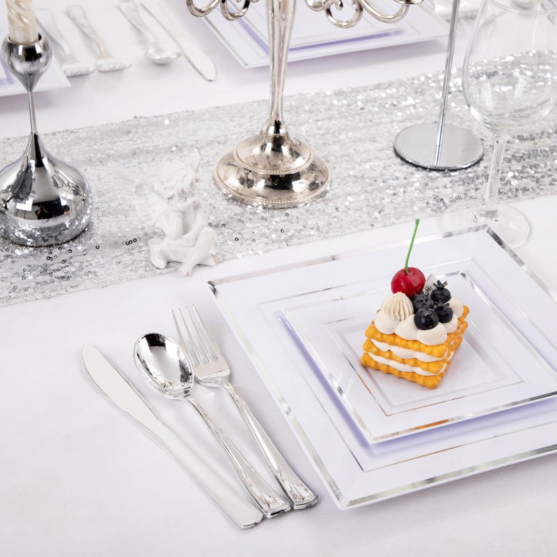 Liacere 100PCS White and Silver Square Plastic Plates - 50PCS Heavy Duty 9.5inch White Dinner Plates and 50PCS 6inch White Dessert Plates-Silver Disposable Plates for Party&Wedding&New Year - Image 2