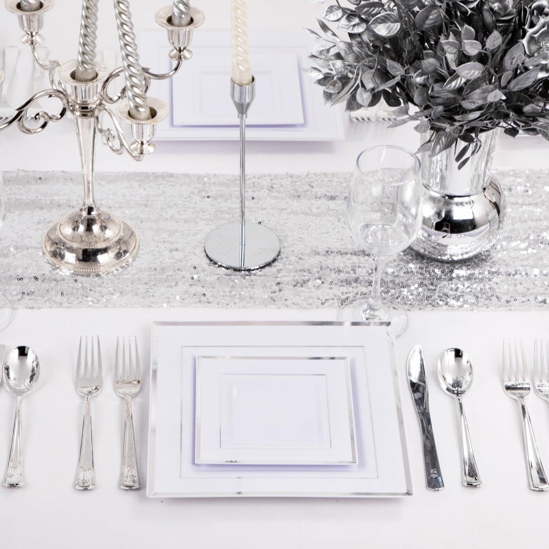 Liacere 100PCS White and Silver Square Plastic Plates - 50PCS Heavy Duty 9.5inch White Dinner Plates and 50PCS 6inch White Dessert Plates-Silver Disposable Plates for Party&Wedding&New Year - Image 3