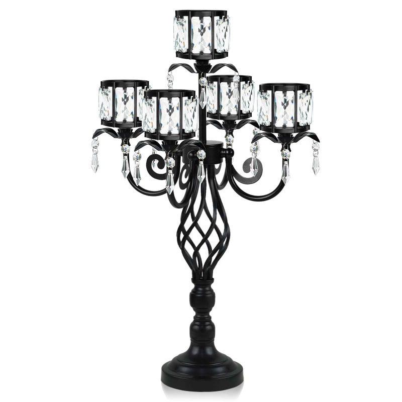 kolnlala 23.2 inch Tall Elegant and Chic 5 Arm Pendant Crystal Candlestick Holder Table Decoration tealight Candle Holder, Candelabra for Gorgeous Wedding/Parties Table Centerpiece (1, Black) - Image 1