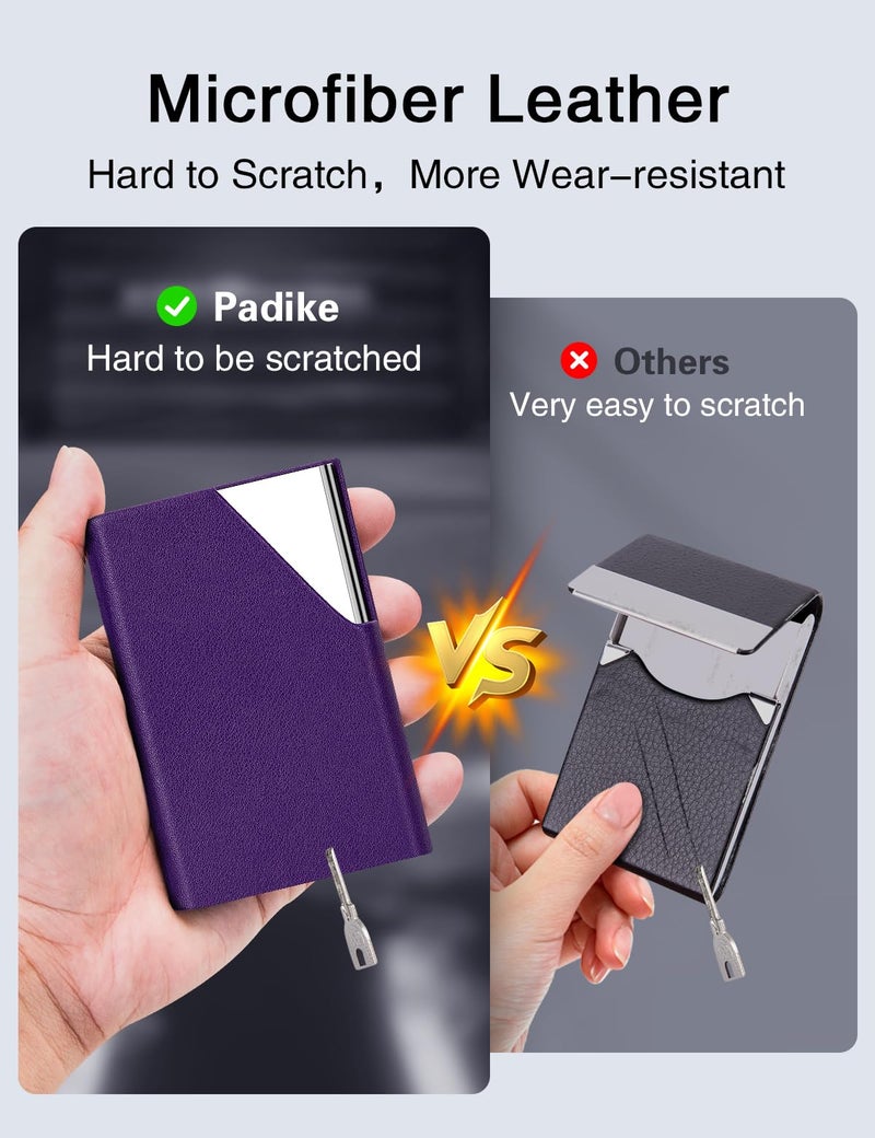 Padike Business Card Holder, Upgraded Leather Business Card Case Pocket Card Holders for Men or Women, Metal Slim Name Card Holder RFID Blocking Business Card Carrier with Magnetic Closure(Purple) - Image 3