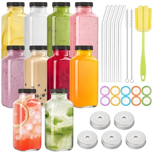 TUZAZO 10 Pack 12 Oz Glass Juice Bottles with Lids Reusable Travel Drinking Jars Containers Glass Bottles for Juicing Smoothies Kombucha Milk Coffee with Brush Straws Lids with Hole - Image 1