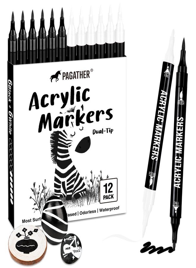 Pagather Black and White Acrylic Paint Markers, 12 Pack Dual Tip with Fine Tip and Brush Tip Pens for Stone, Wood, Calligraphy, Canvas, Ceramic, Metal, Glass, Rock Painting, DIY Crafts - Image 1