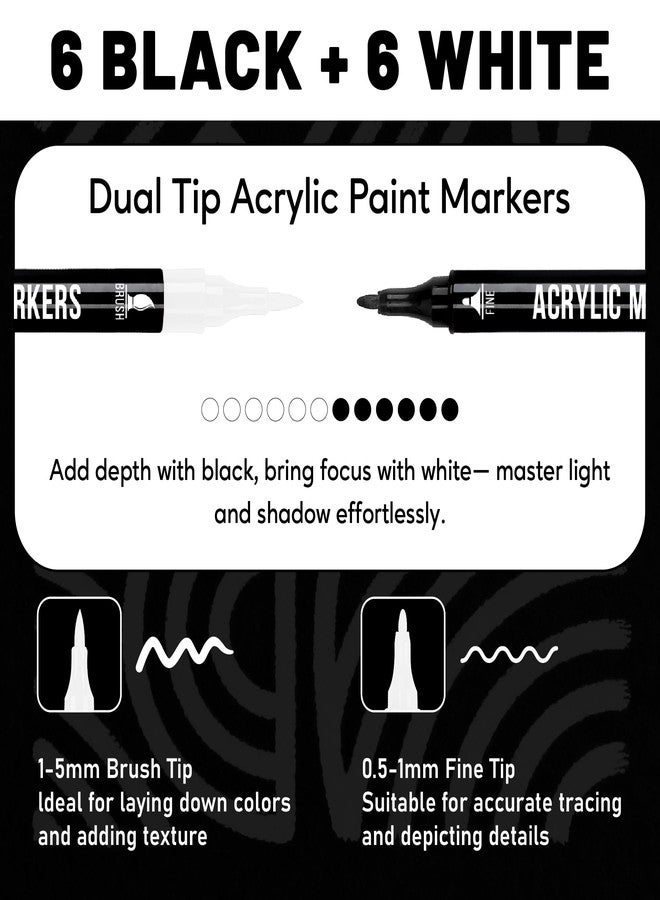 Pagather Black and White Acrylic Paint Markers, 12 Pack Dual Tip with Fine Tip and Brush Tip Pens for Stone, Wood, Calligraphy, Canvas, Ceramic, Metal, Glass, Rock Painting, DIY Crafts - Image 2
