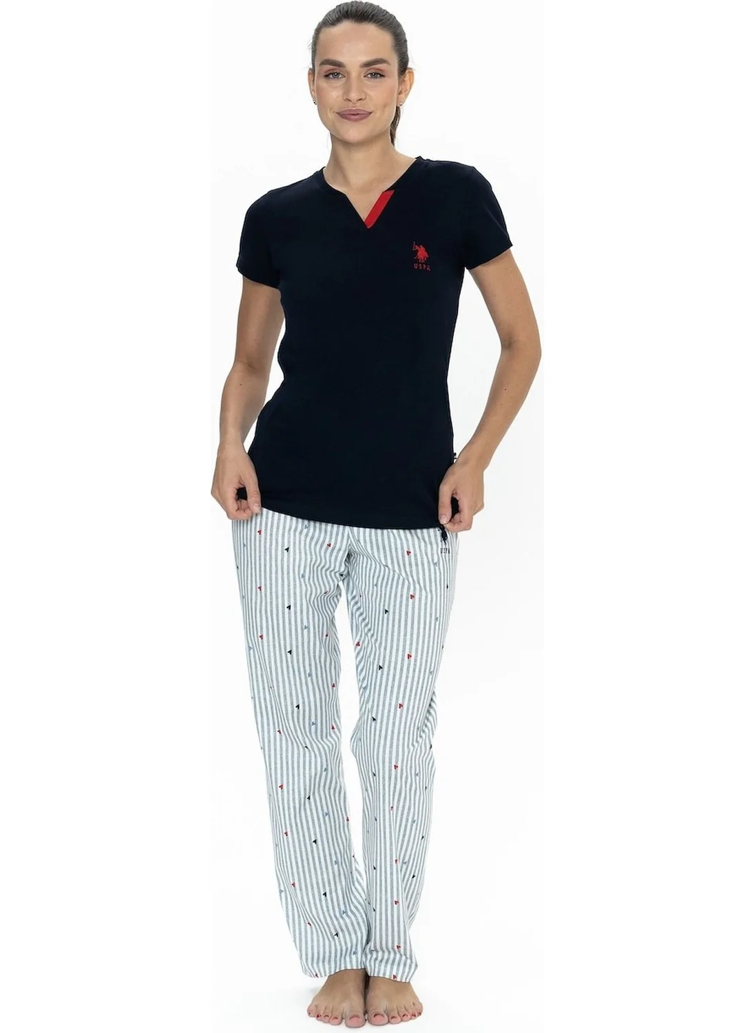 U.S. Polo Assn. 20060 Women's Short Sleeve V-Neck Pajama Set-Navy Blue