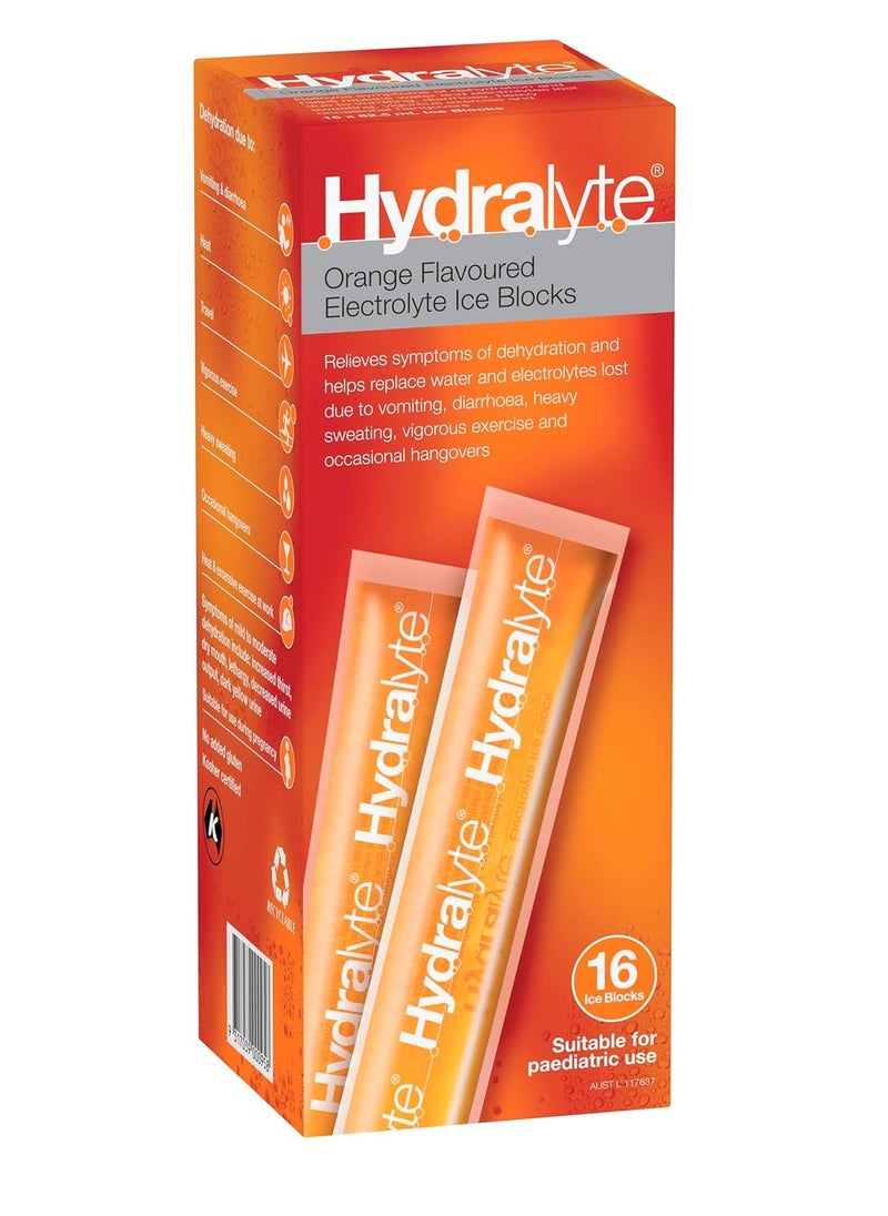 Hydralyte - Electrolyte Ice Blocks Orange Flavored Relieve Symptoms of Dehydration 16 Sachets - Image 1