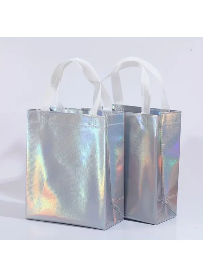 Black Handle Reusable Nonwoven Gift Bags 10 Pcs Holographic Rainbow Party Birthday - Image 2