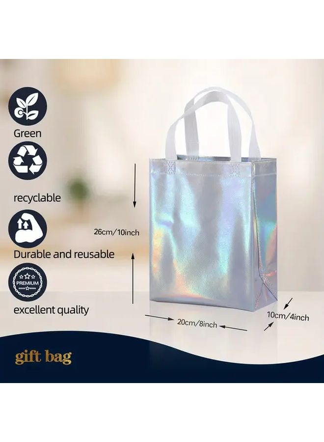 Black Handle Reusable Nonwoven Gift Bags 10 Pcs Holographic Rainbow Party Birthday - Image 3