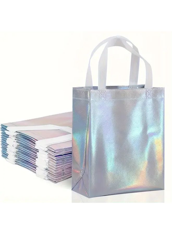 Black Handle Reusable Nonwoven Gift Bags 10 Pcs Holographic Rainbow Party Birthday - Image 1