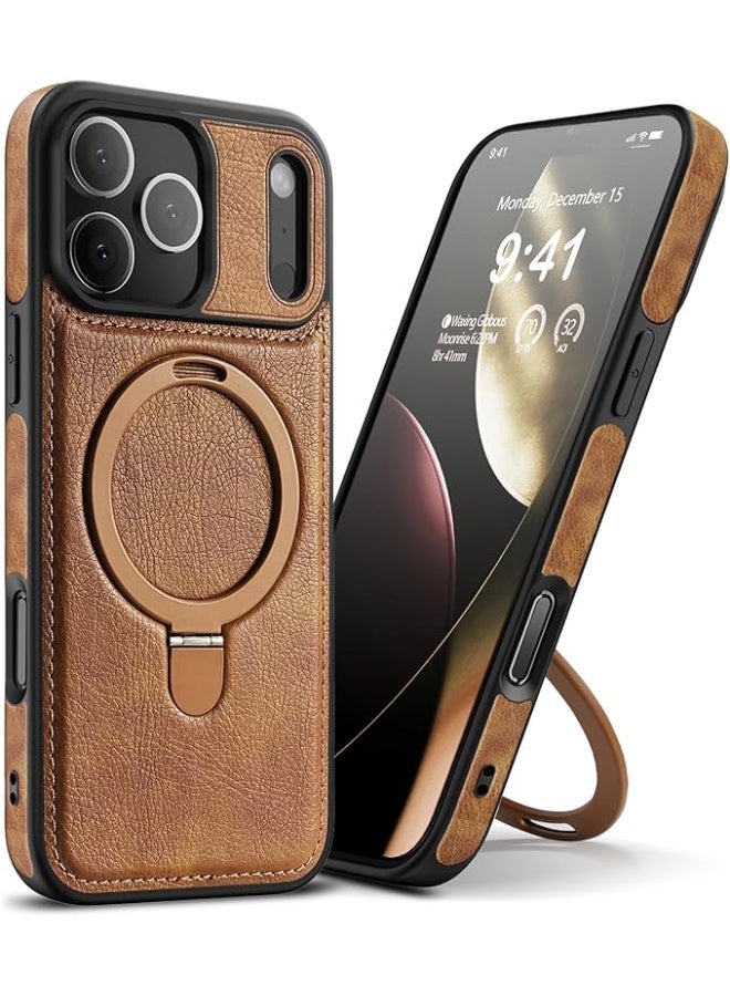 KASTWAVE Magnetic Leather Case for iPhone 17 Pro Max, Military Grade Drop Protection, Slim Back Cover with Adjustable Stand, Compatible with Magsafe, Slim Kickstand Phone Cover, Brown - Image 1