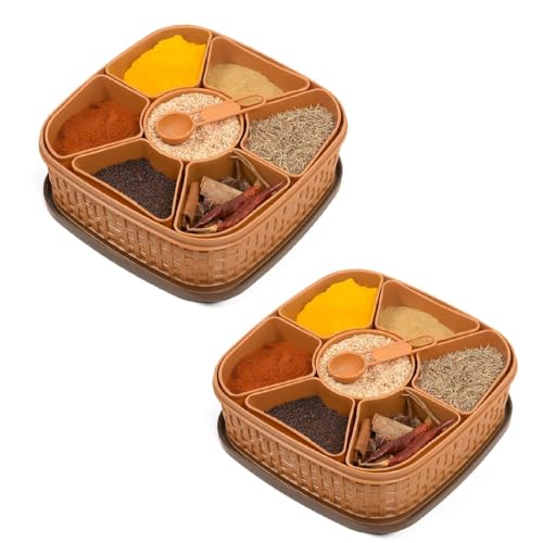 HomeWiz Plastic Square 7 Sections Multipurpose Masala Rangoli Dabba Box Set | 7-in-1 Spice Box Organizer for Kitchen | Durable & Food-Grade Masala Container | Kitchen Accessorie Items | Brown x 2 - Image 1