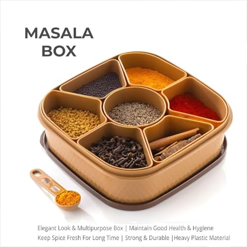 HomeWiz Plastic Square 7 Sections Multipurpose Masala Rangoli Dabba Box Set | 7-in-1 Spice Box Organizer for Kitchen | Durable & Food-Grade Masala Container | Kitchen Accessorie Items | Brown x 2 - Image 4
