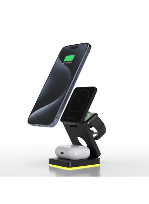 15W Magnetic 3-in-1 Wireless Charging Station – A Sleek, Foldable Charging Base With An Illuminated Stand, Designed For MagSafe-Compatible Devices. Efficiently Powers Your Smartphone, Smartwatch, And AirPods Simultaneously, Keeping Your Workspace Organized While Ensuring Your Essentials Stay Charged Anytime, Anywhere. Perfect For Home, Office, Or Travel.