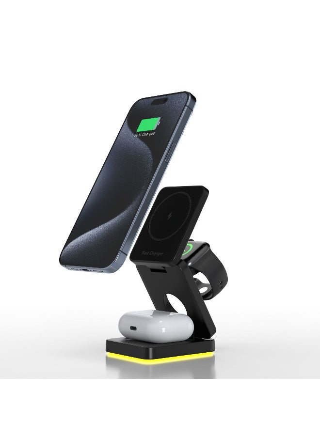 15W Magnetic 3-in-1 Wireless Charging Station – A Sleek, Foldable Charging Base With An Illuminated Stand, Designed For MagSafe-Compatible Devices. Efficiently Powers Your Smartphone, Smartwatch, And AirPods Simultaneously, Keeping Your Workspace Organized While Ensuring Your Essentials Stay Charged Anytime, Anywhere. Perfect For Home, Office, Or Travel.