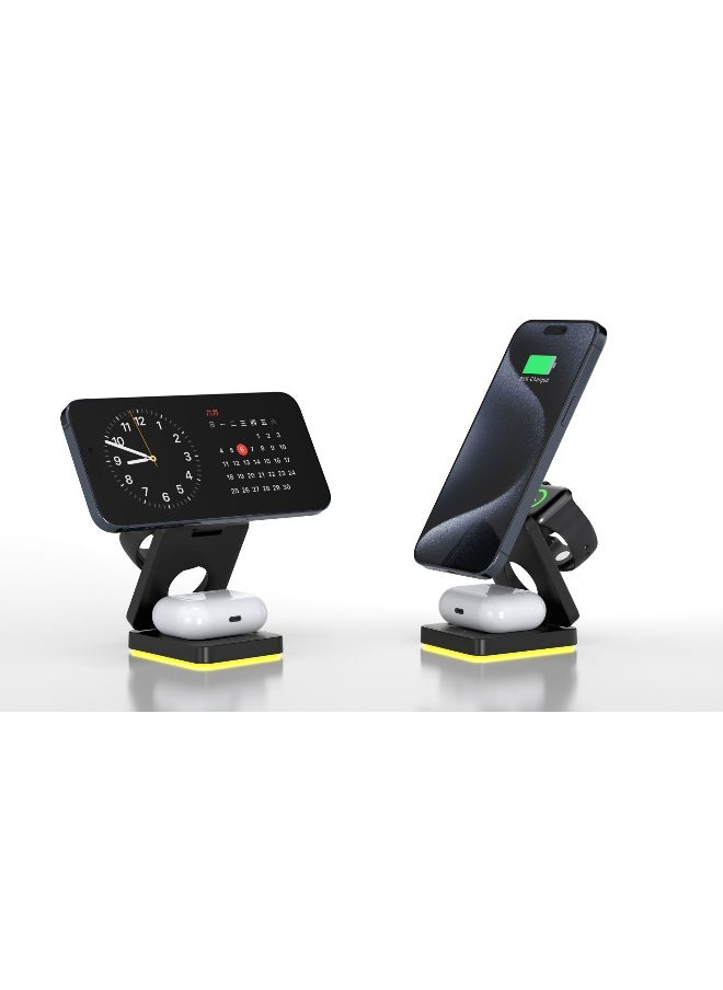 15W Magnetic 3-in-1 Wireless Charging Station – A Sleek, Foldable Charging Base With An Illuminated Stand, Designed For MagSafe-Compatible Devices. Efficiently Powers Your Smartphone, Smartwatch, And AirPods Simultaneously, Keeping Your Workspace Organized While Ensuring Your Essentials Stay Charged Anytime, Anywhere. Perfect For Home, Office, Or Travel.