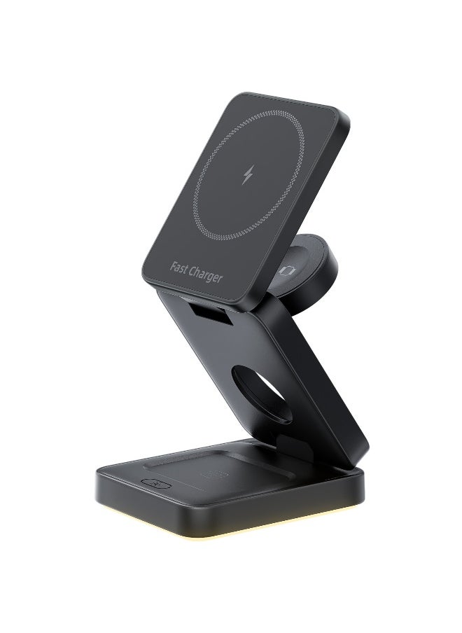 15W Magnetic 3-in-1 Wireless Charging Station – A Sleek, Foldable Charging Base With An Illuminated Stand, Designed For MagSafe-Compatible Devices. Efficiently Powers Your Smartphone, Smartwatch, And AirPods Simultaneously, Keeping Your Workspace Organized While Ensuring Your Essentials Stay Charged Anytime, Anywhere. Perfect For Home, Office, Or Travel.