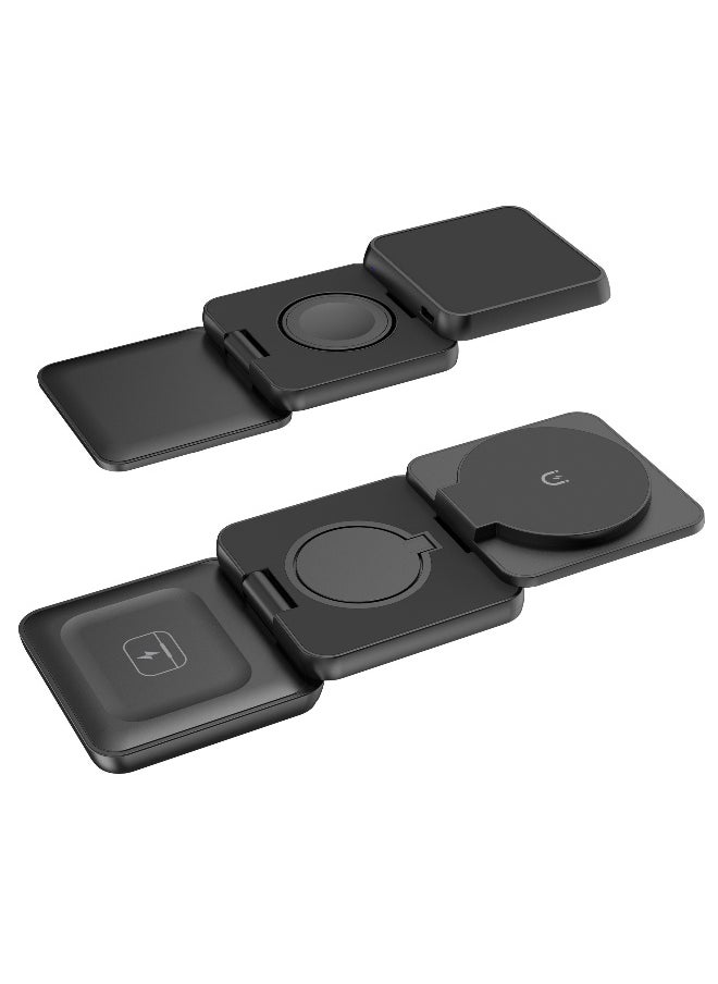 15W Magnetic 3-in-1 Wireless Charging Station – A Sleek, Foldable Charging Base With An Illuminated Stand, Designed For MagSafe-Compatible Devices. Efficiently Powers Your Smartphone, Smartwatch, And AirPods Simultaneously, Keeping Your Workspace Organized While Ensuring Your Essentials Stay Charged Anytime, Anywhere. Perfect For Home, Office, Or Travel.