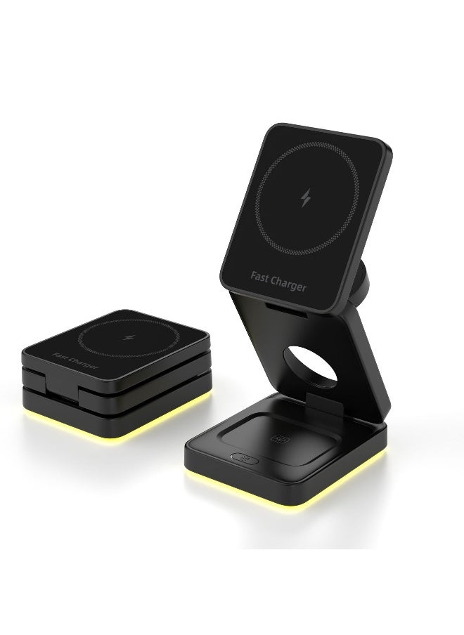 15W Magnetic 3-in-1 Wireless Charging Station – A Sleek, Foldable Charging Base With An Illuminated Stand, Designed For MagSafe-Compatible Devices. Efficiently Powers Your Smartphone, Smartwatch, And AirPods Simultaneously, Keeping Your Workspace Organized While Ensuring Your Essentials Stay Charged Anytime, Anywhere. Perfect For Home, Office, Or Travel.