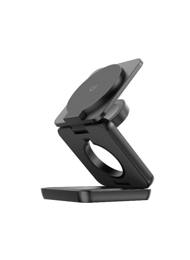 15W Magnetic 3-in-1 Wireless Charging Station – A Sleek, Foldable Charging Base With An Illuminated Stand, Designed For MagSafe-Compatible Devices. Efficiently Powers Your Smartphone, Smartwatch, And AirPods Simultaneously, Keeping Your Workspace Organized While Ensuring Your Essentials Stay Charged Anytime, Anywhere. Perfect For Home, Office, Or Travel.