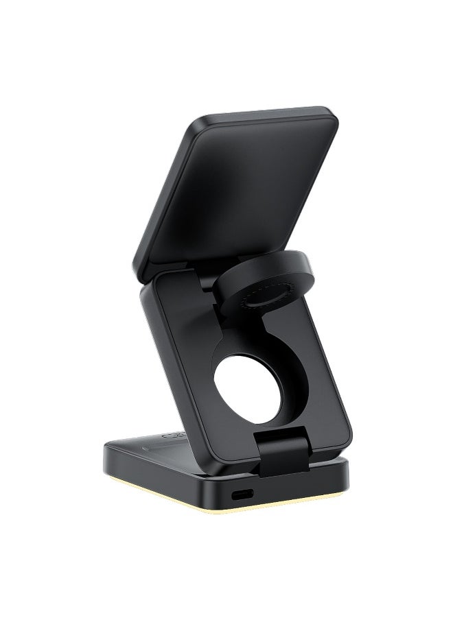 15W Magnetic 3-in-1 Wireless Charging Station – A Sleek, Foldable Charging Base With An Illuminated Stand, Designed For MagSafe-Compatible Devices. Efficiently Powers Your Smartphone, Smartwatch, And AirPods Simultaneously, Keeping Your Workspace Organized While Ensuring Your Essentials Stay Charged Anytime, Anywhere. Perfect For Home, Office, Or Travel.