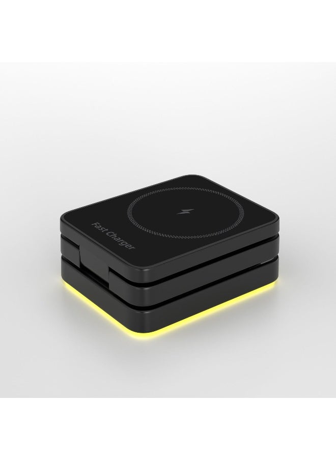 15W Magnetic 3-in-1 Wireless Charging Station – A Sleek, Foldable Charging Base With An Illuminated Stand, Designed For MagSafe-Compatible Devices. Efficiently Powers Your Smartphone, Smartwatch, And AirPods Simultaneously, Keeping Your Workspace Organized While Ensuring Your Essentials Stay Charged Anytime, Anywhere. Perfect For Home, Office, Or Travel.