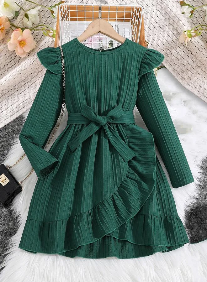 Take Two Girls Texture Ruffle Hem Bow Detail Dress