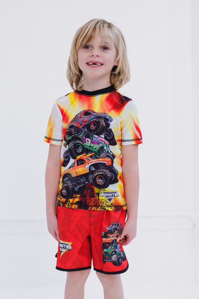 Monster Jam Grave Digger El Toro Loco ThunderROARus Little Boys UPF 50+ Rash Guard & Swim Trunks Outfit Set Orange/Red - Image 2