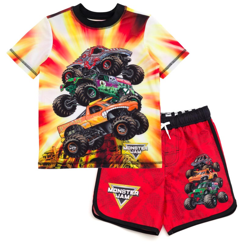 Monster Jam Grave Digger El Toro Loco ThunderROARus Little Boys UPF 50+ Rash Guard & Swim Trunks Outfit Set Orange/Red - Image 1