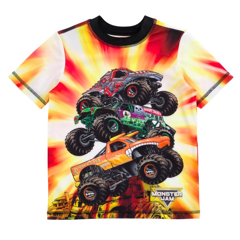 Monster Jam Grave Digger El Toro Loco ThunderROARus Little Boys UPF 50+ Rash Guard & Swim Trunks Outfit Set Orange/Red - Image 4